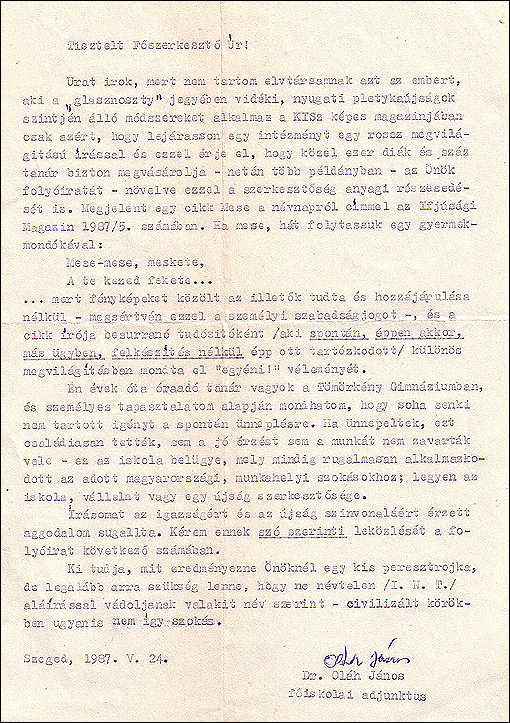 Dr. Oláh János levele a szerkesztőségnek (1987)
